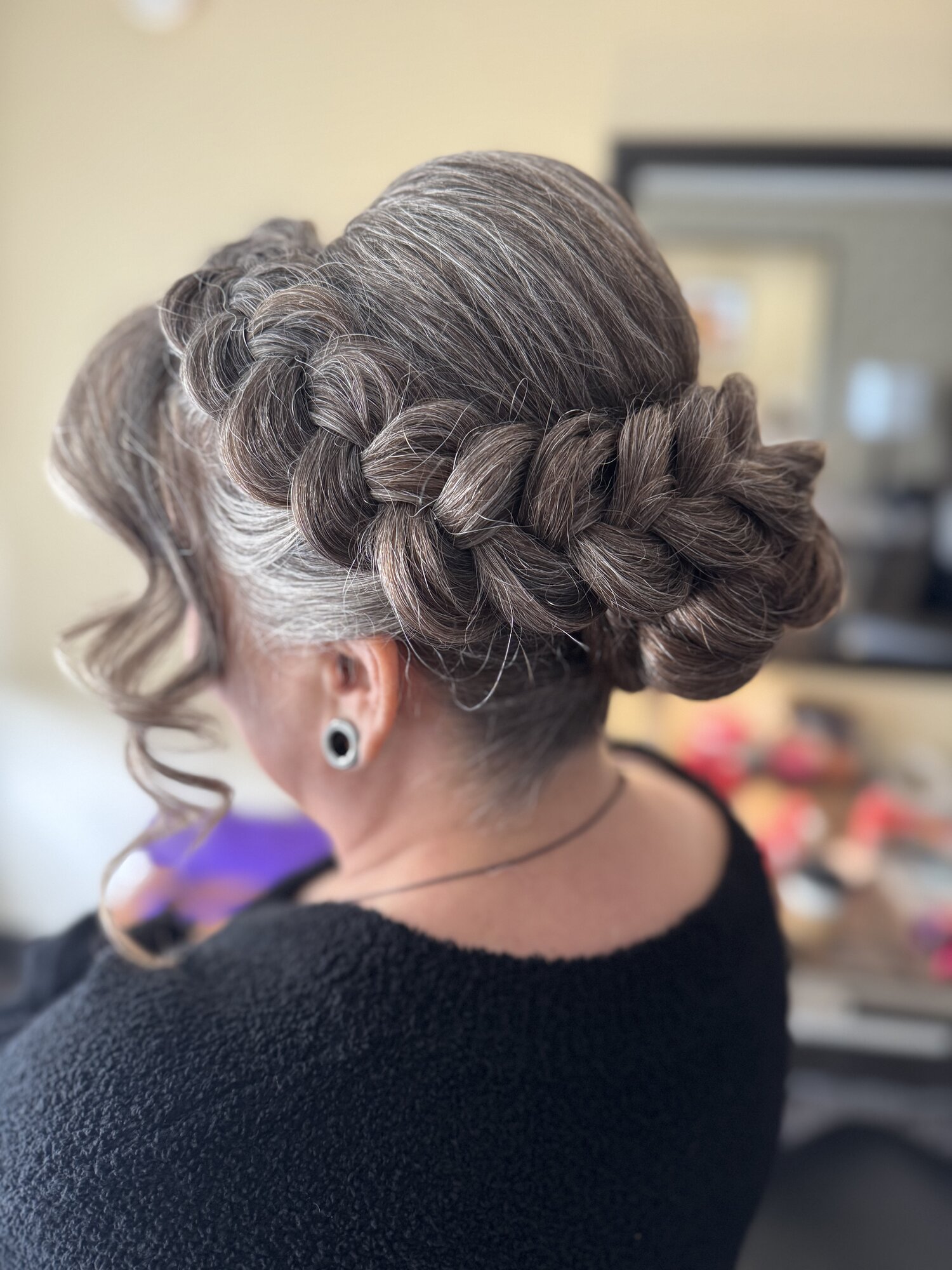 Crown braid updo on silver hair